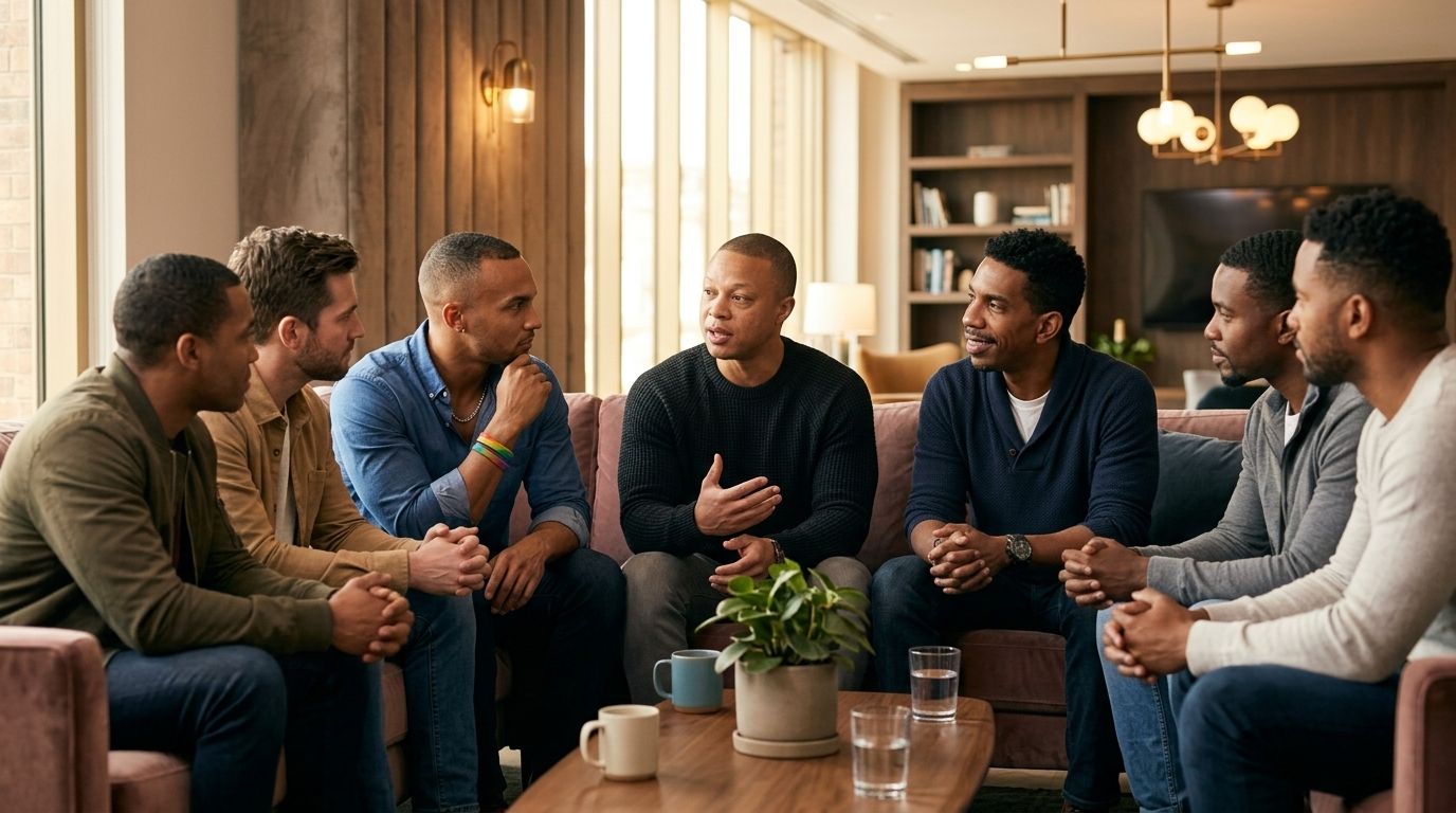 Group of people seated in a cozy living room, talking around a coffee table