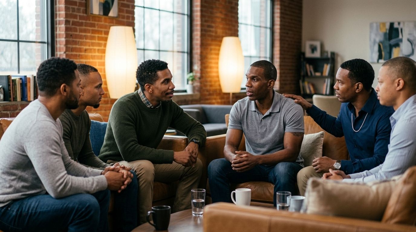 People sitting in a circle talking in a cozy living room with lamps and coffee cups.