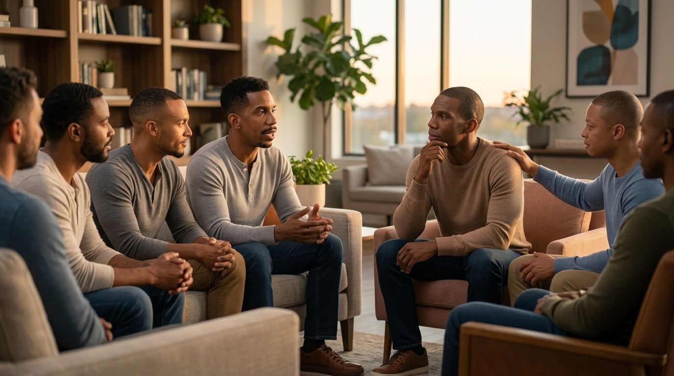 People sitting in a circle in a living room, talking during a group discussion.
