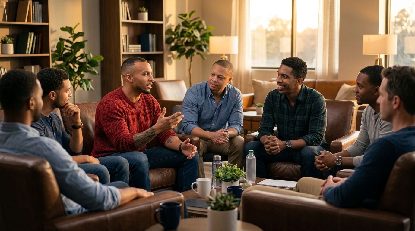Group seated in a living room, discussing in a casual circle with warm lighting and bookshelves in the background
