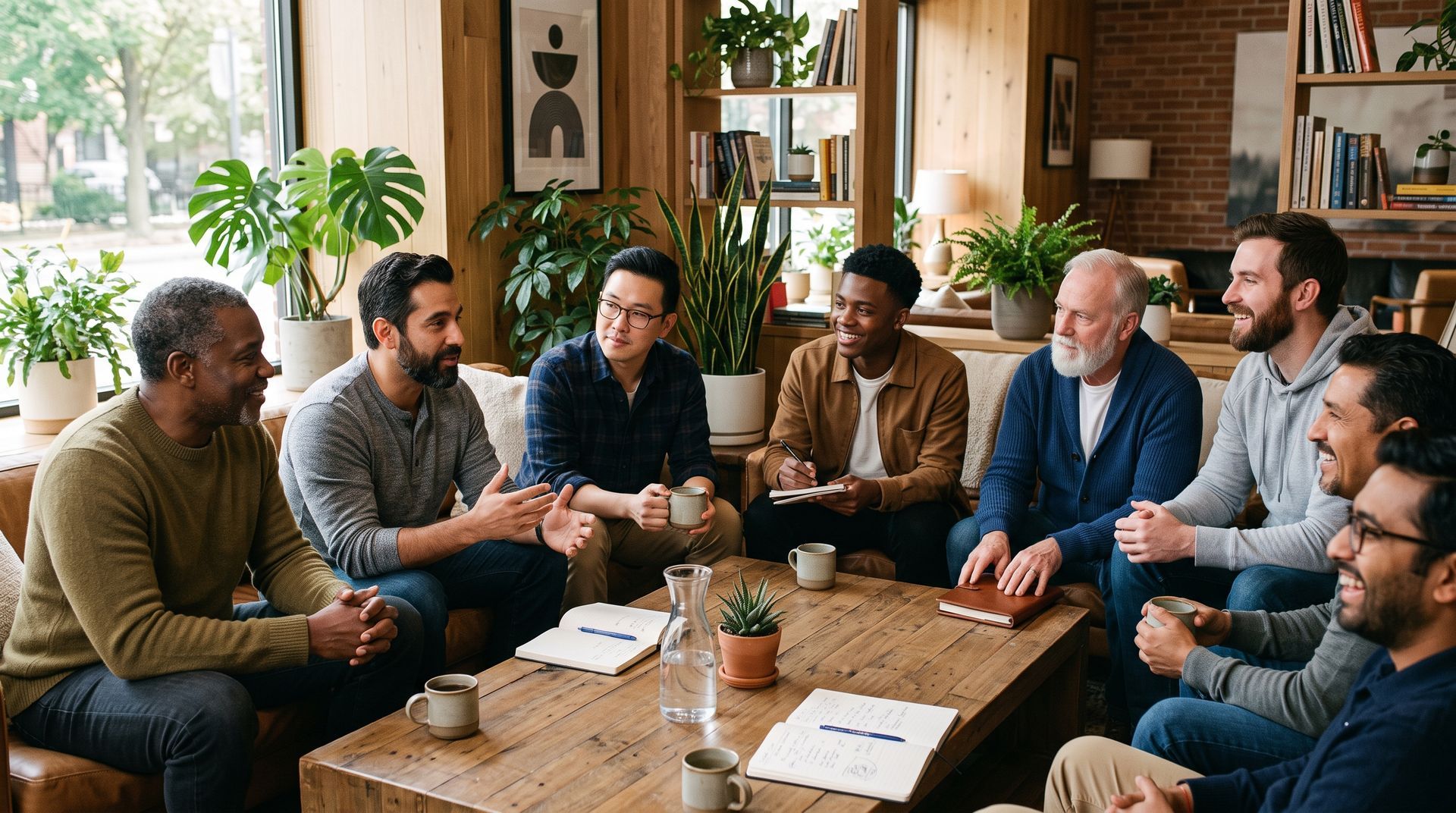 Group meeting in a cozy café, with people seated around a wooden table discussing papers and notes.