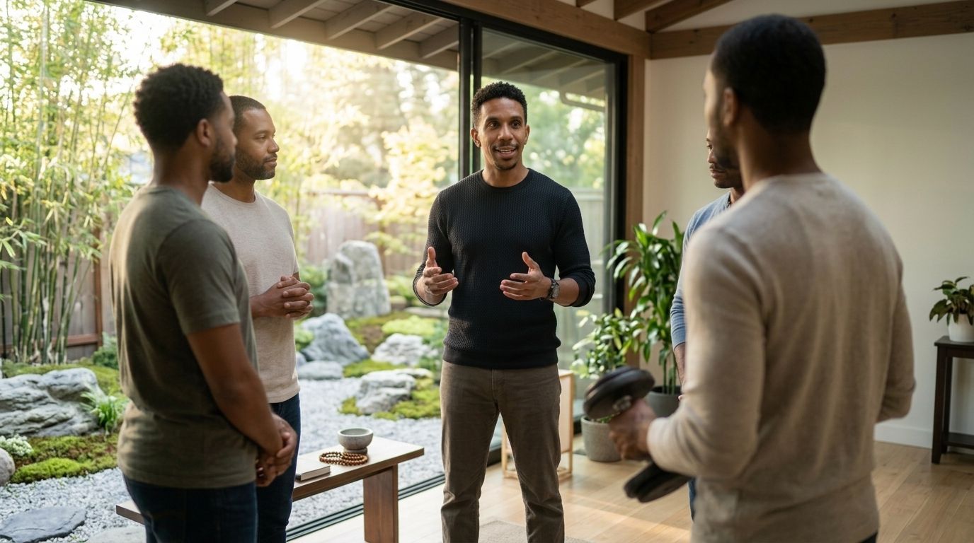 Four people chatting in a bright modern living room with large windows and a garden view.