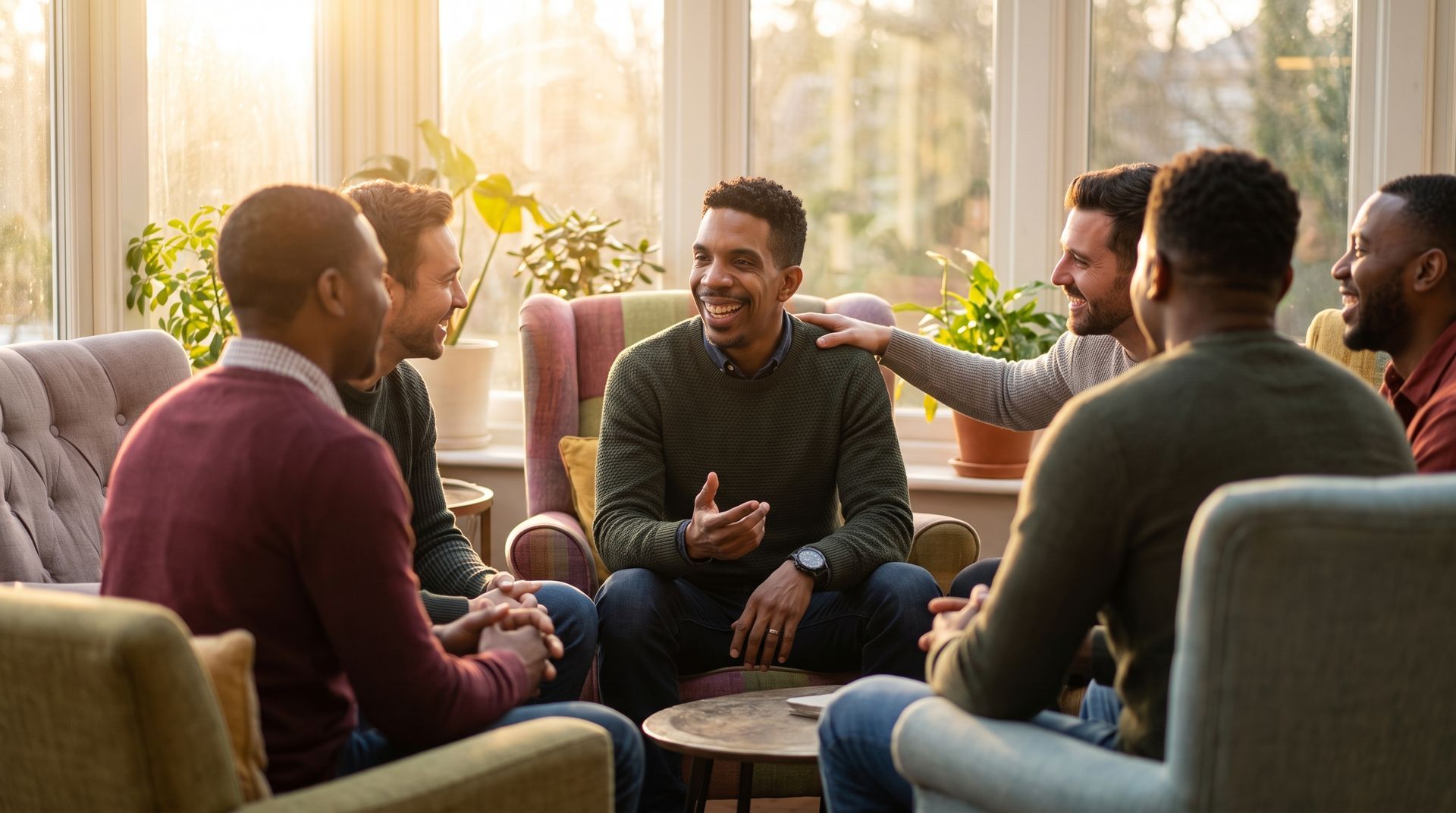 Friends chatting in a bright living room, seated in a circle and smiling