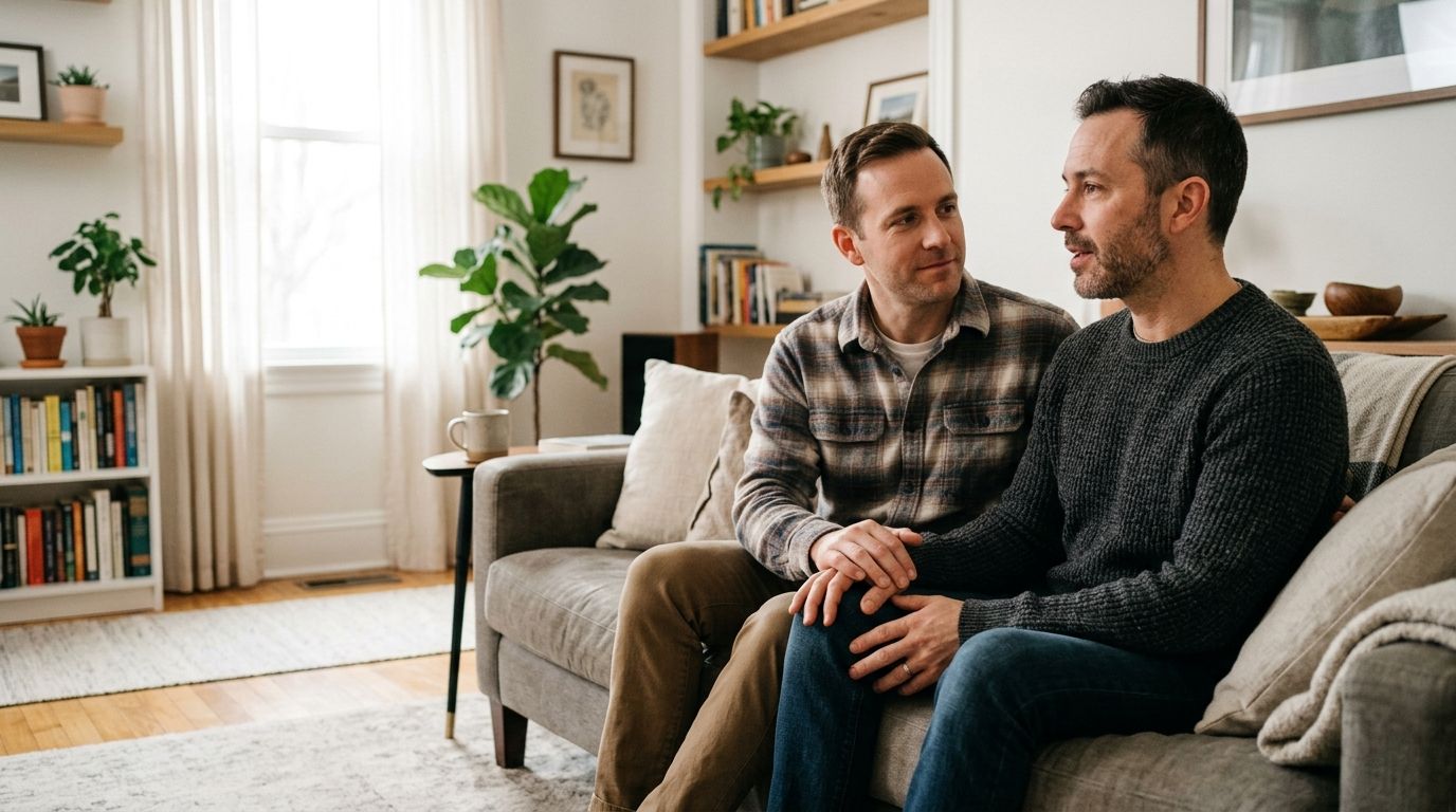 Two men sit on a couch in a bright living room, talking closely.
