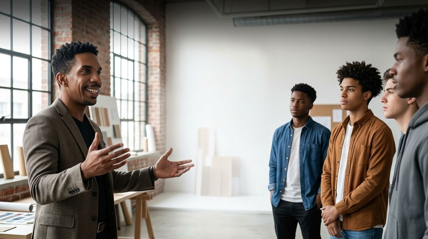 Presenter speaking to a small group in a bright office, with three people listening attentively.