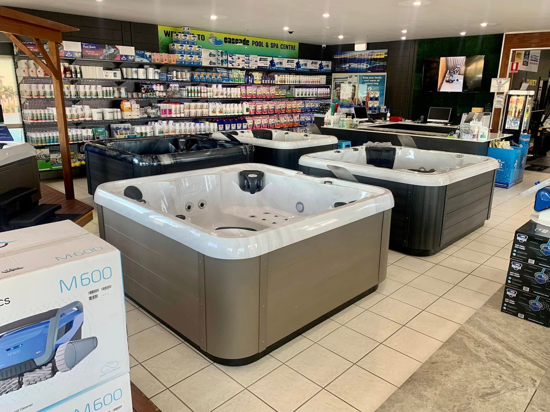Spa Showroom With Several Display Spas — Cascade Pool & Spa Centre in Port Macquarie, NSW