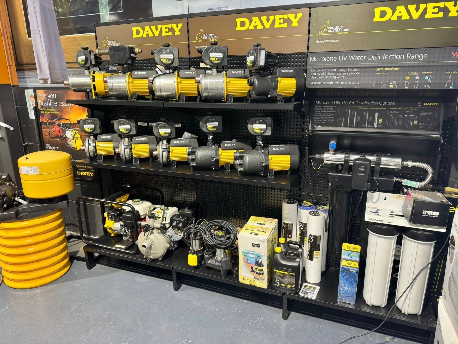 A Davey Water Pumps and Filtration Systems on Display in a Store — Cascade Pool & Spa Centre in South West Rocks, NSW