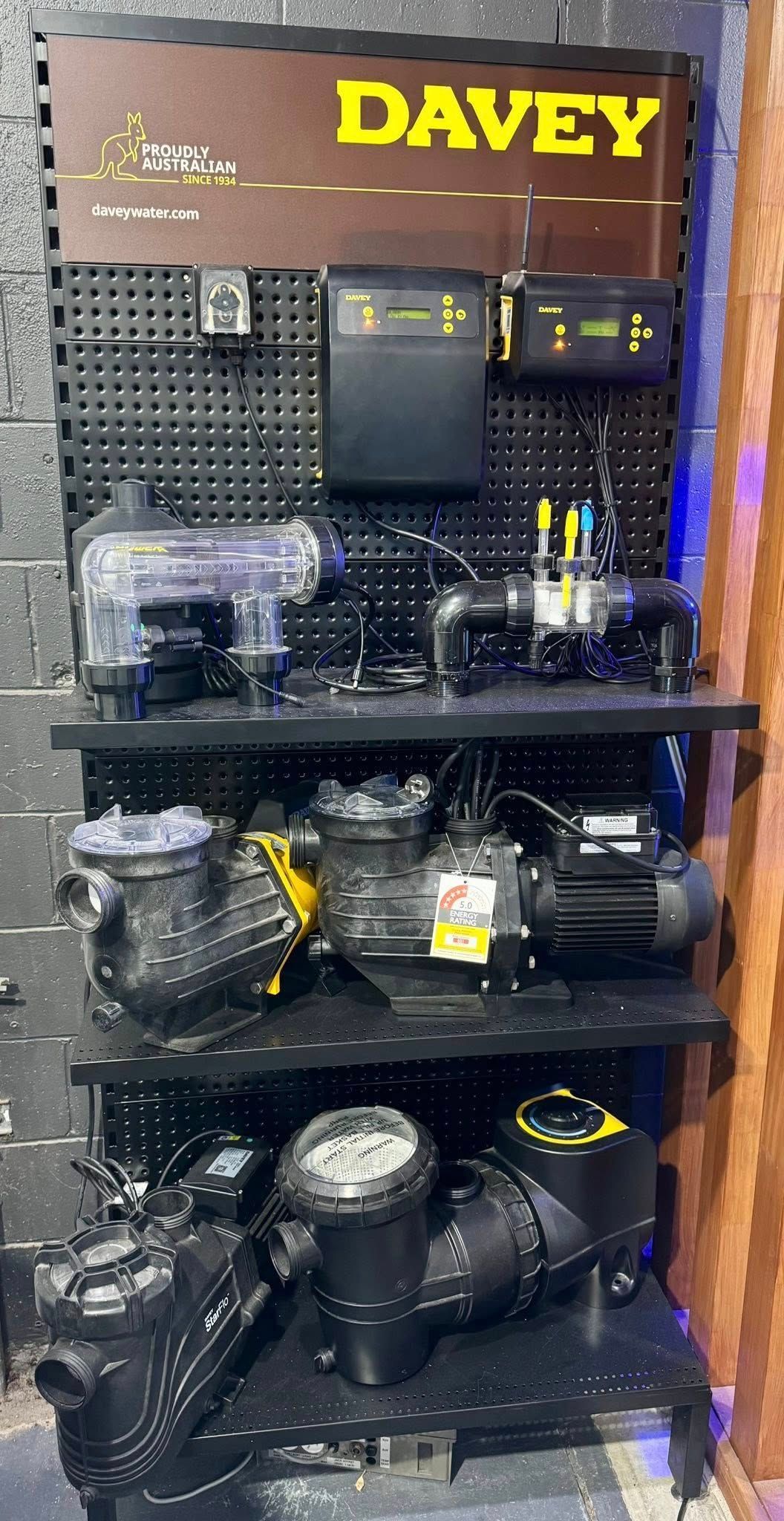 A Display of Davey Pool Equipment on Shelves — Cascade Pool & Spa Centre in Macksville, NSW