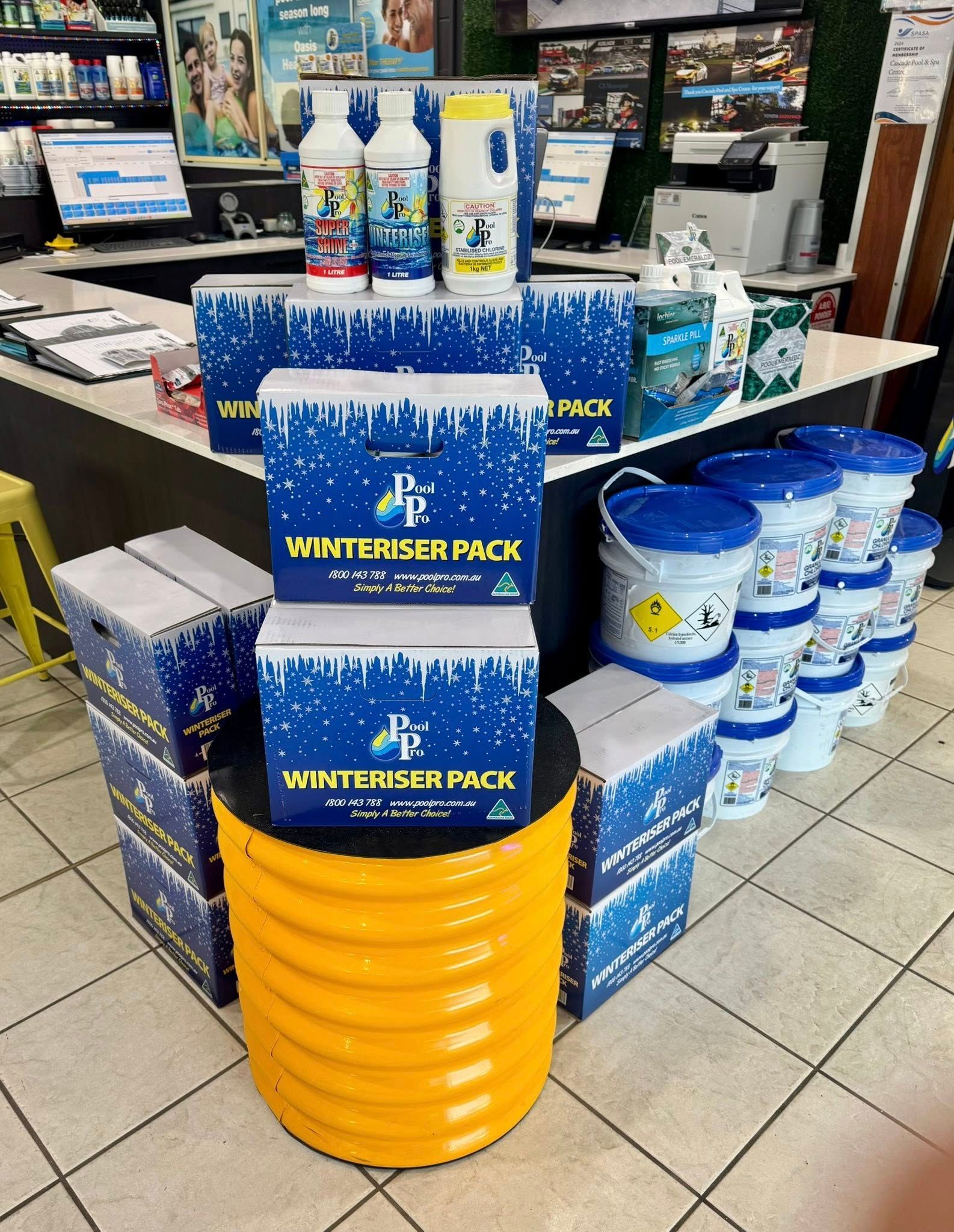 A Display of Pool Chemicals for Sale in a Store — Cascade Pool & Spa Centre in Port Macquarie, NSW