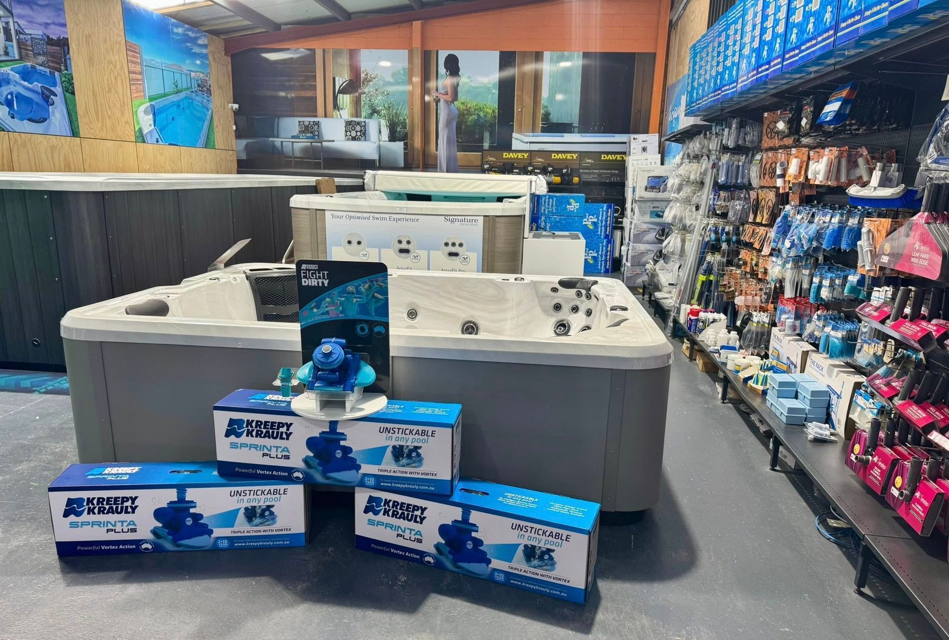 A Indoor Store Display Featuring Hot Tubs and Related Accessories — Cascade Pool & Spa Centre in South West Rocks, NSW