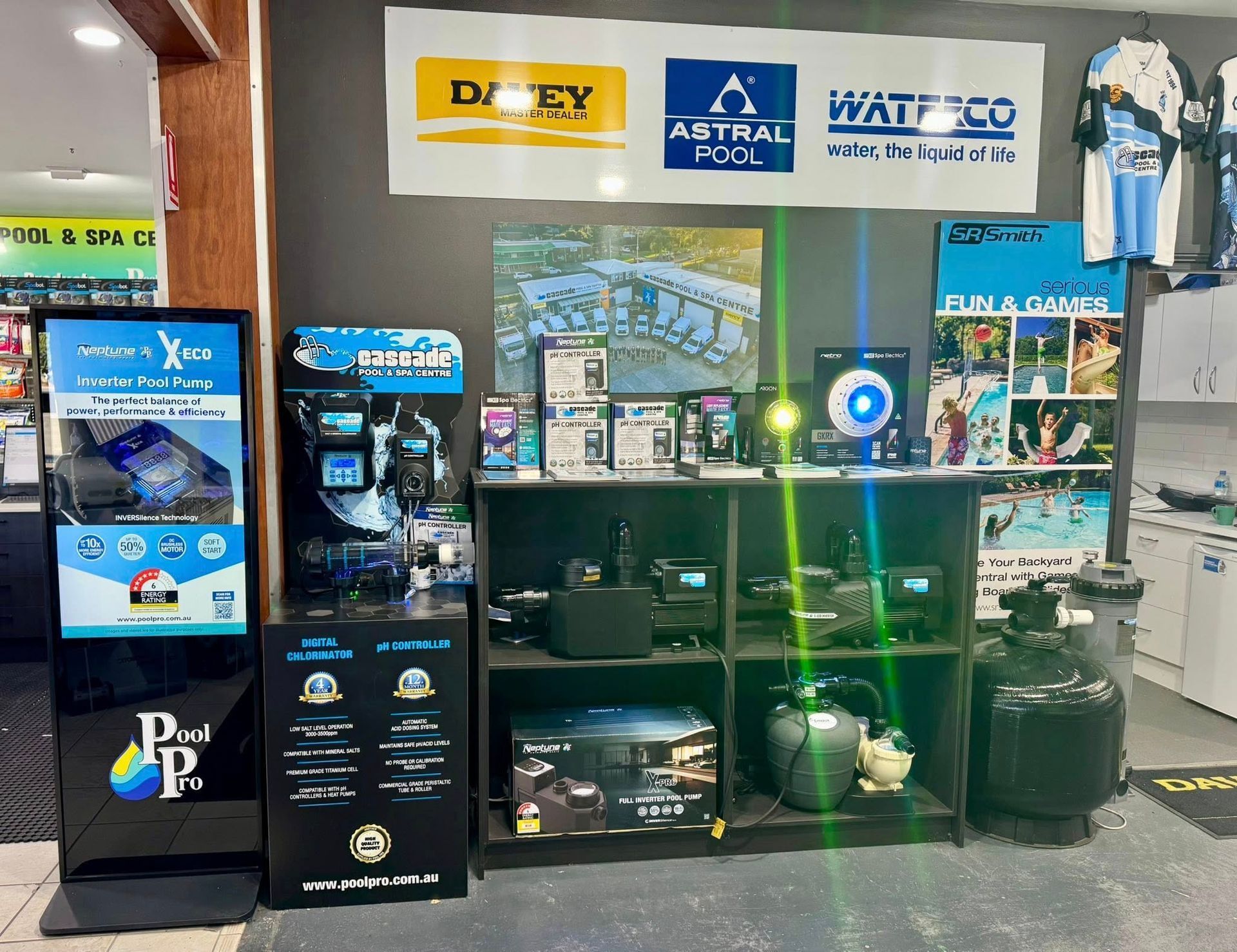 A Pool Supplies Display With Brand Signs, Products on Shelves — Cascade Pool & Spa Centre in Port Macquarie, NSW