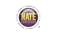 The NATE Certified logo, featuring bold yellow text inside a purple circle topped with a house outline.