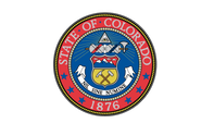 The circular official State Seal of Colorado featuring a shield, mountain landscape, mining tools, and the year 1876.