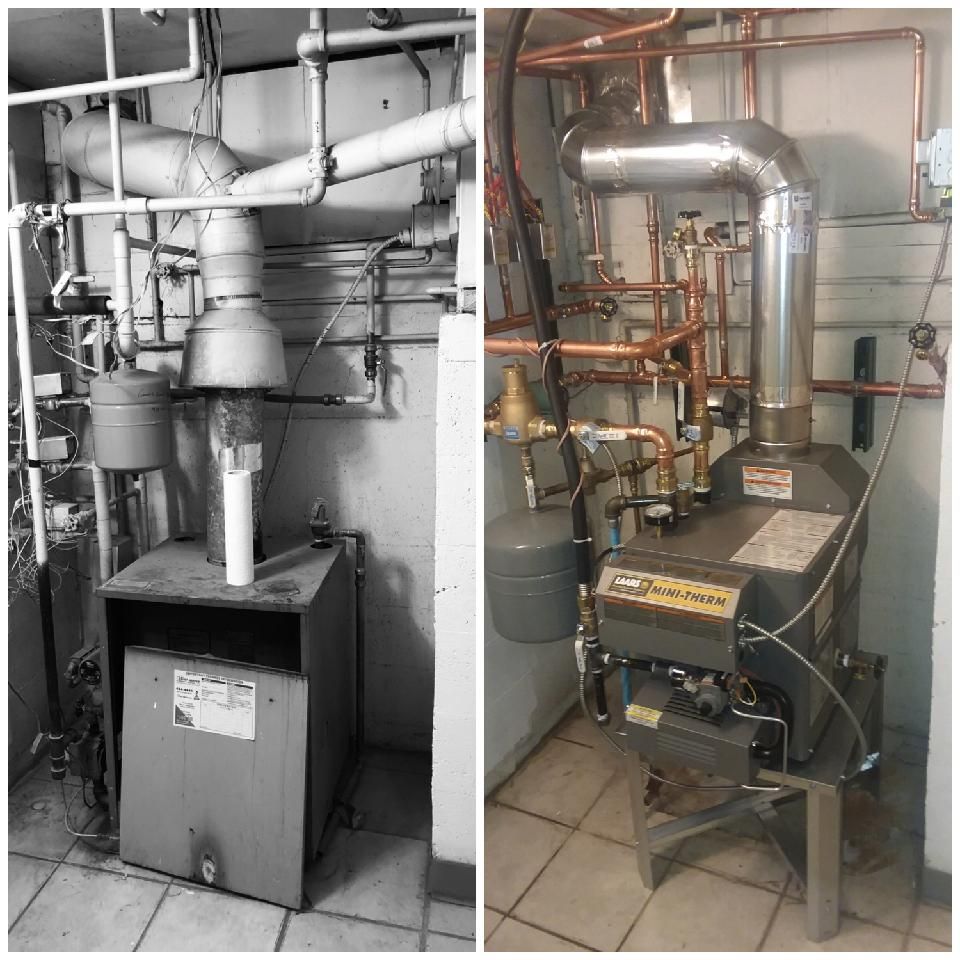 Before-and-after comparison of a residential boiler installation, showing an old system replaced with a new, copper-piped unit.
