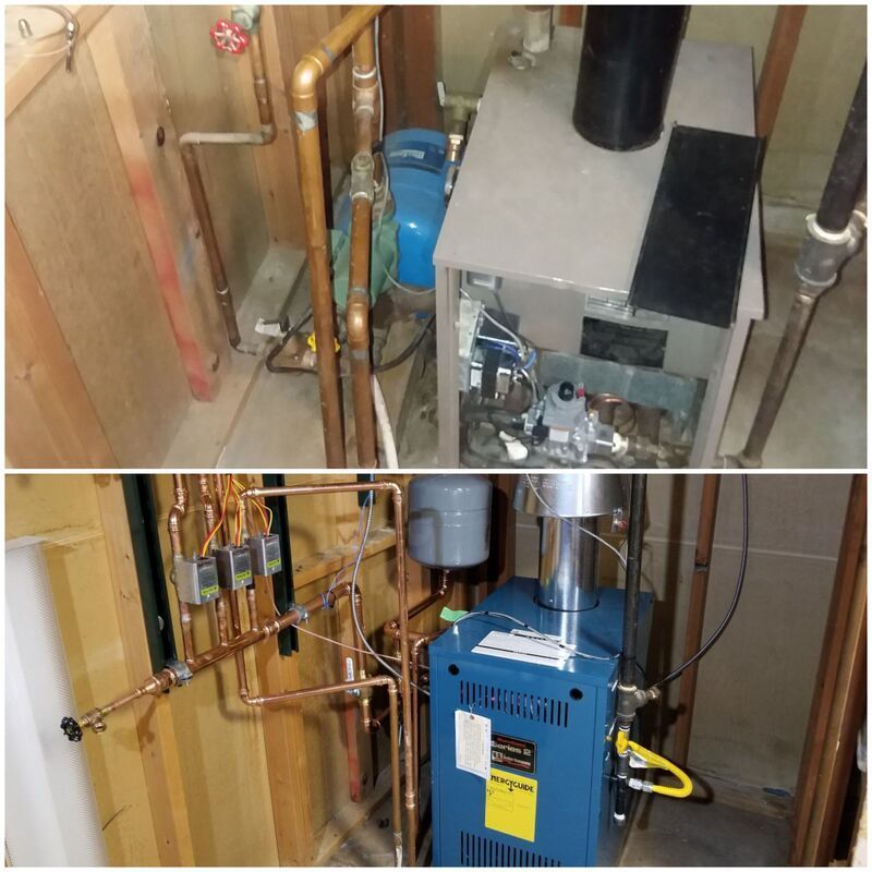 Before and after photos of a residential boiler system replacement, showing new copper piping and a blue boiler unit.