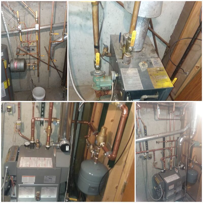 A collage showing various angles of a residential boiler system with copper piping, valves, and an expansion tank.