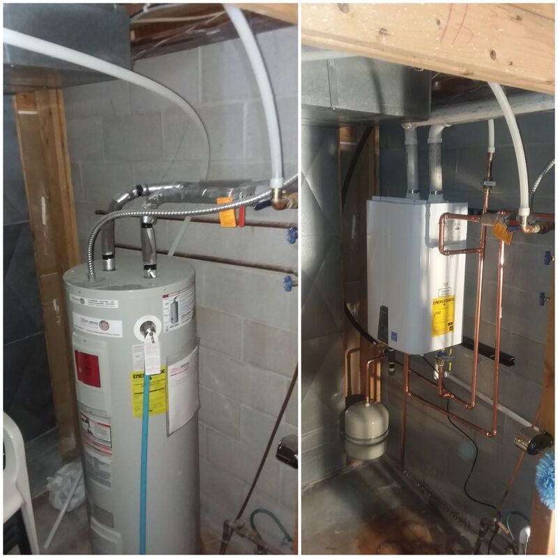 Side-by-side comparison of a traditional water heater and a wall-mounted tankless unit in a basement utility area.