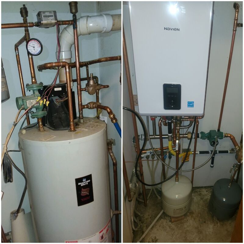 Side-by-side comparison of a traditional water heater with copper piping and a white wall-mounted Navien tankless unit.