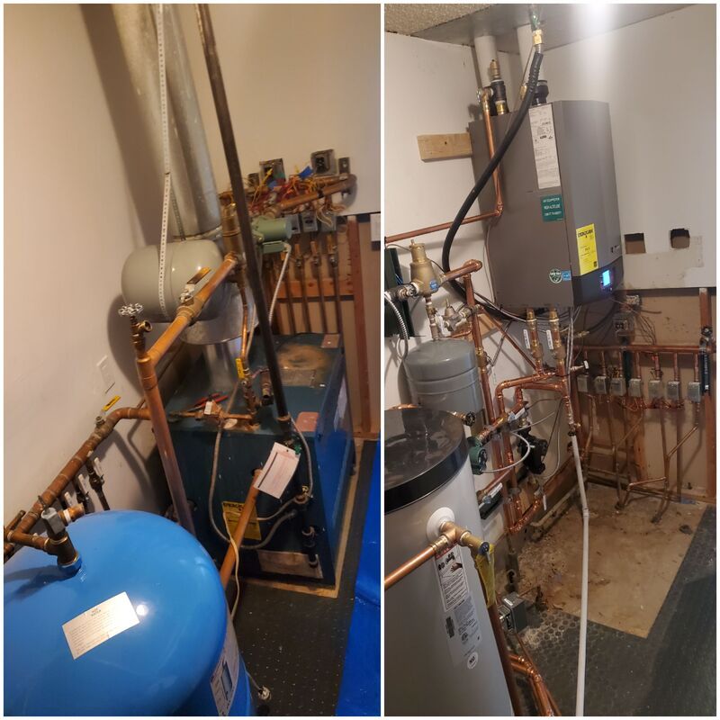 A split view of a residential mechanical room showing a water heater, boiler, plumbing pipes, and a large blue pressure tank.