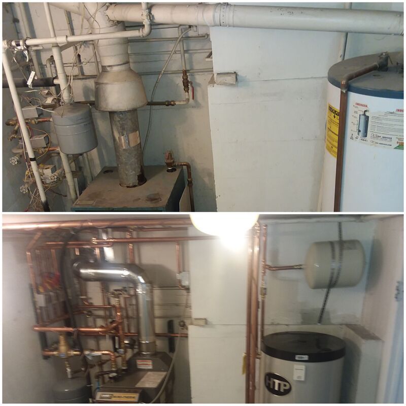 Before and after photos of a basement utility area showing replaced boiler and water heater plumbing components.