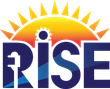RISE logo with a rising sun in orange, yellow, and purple over bold blue letters