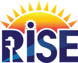 The word "RISE" in bold blue letters with a sunrise graphic above, a gear icon on the "I," and a power plug in the "R."