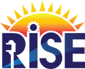 The word "RISE" in bold blue letters with a sunrise graphic above, a gear icon on the "I," and a power plug in the "R."
