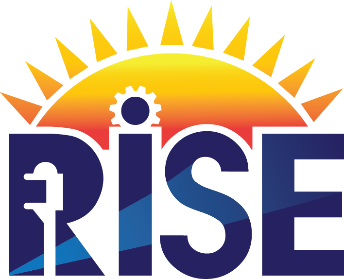 The word "RISE" in bold blue letters with a sunrise graphic above, a gear icon on the "I," and a power plug in the "R."