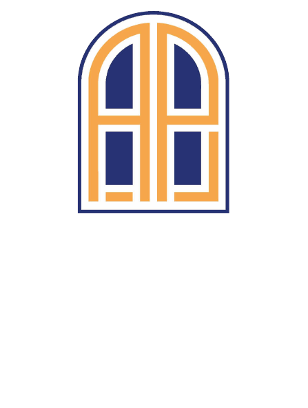 Stylized blue and orange arched window logo on a white background