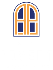 Stylized blue and orange arched window logo on a white background