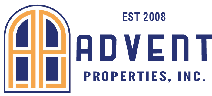 Advent Properties, Inc. logo with orange arch icon, blue text, and “EST 2008” tagline
