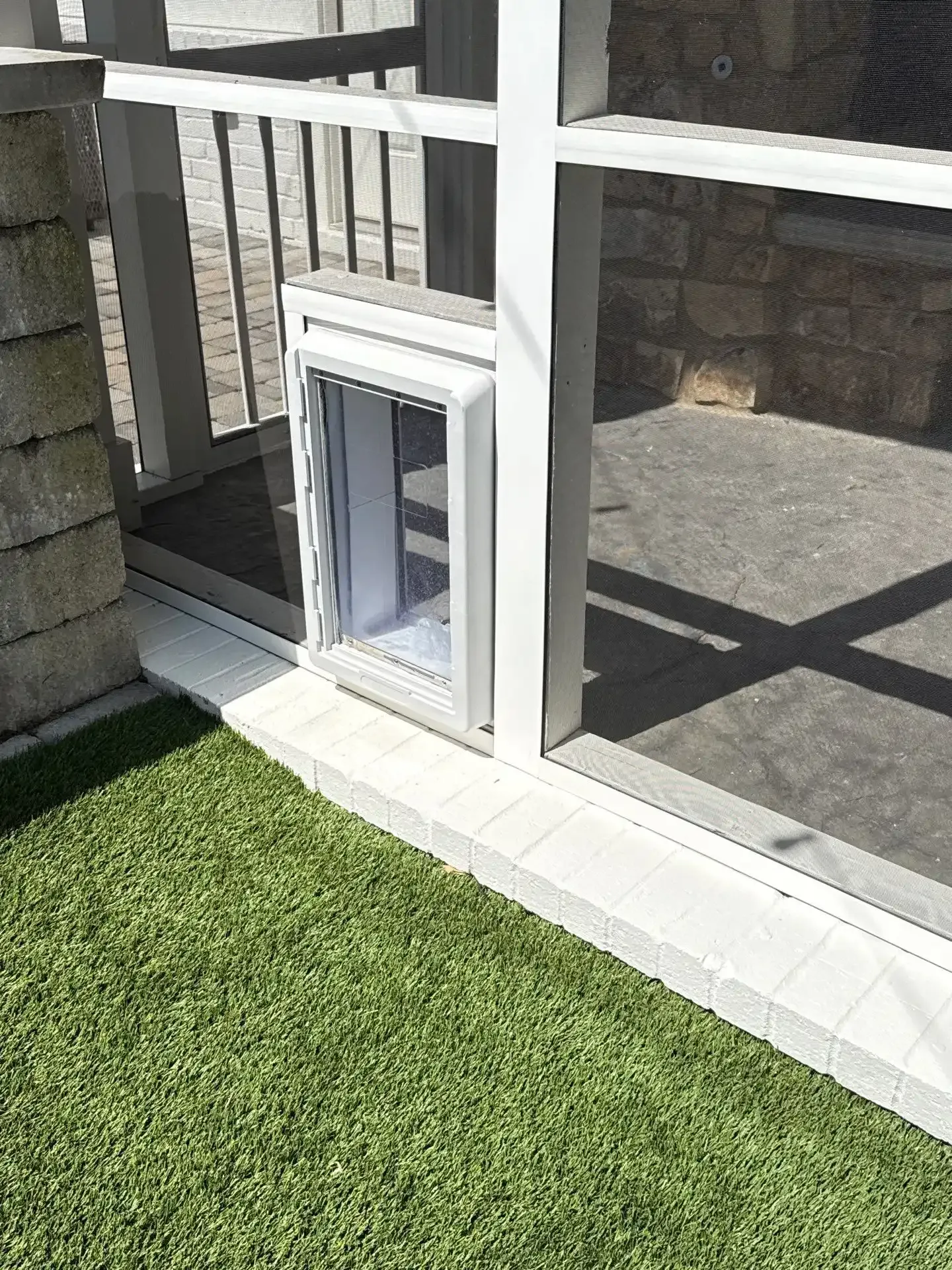 Dog door installed in a screened porch door frame, white and clear.