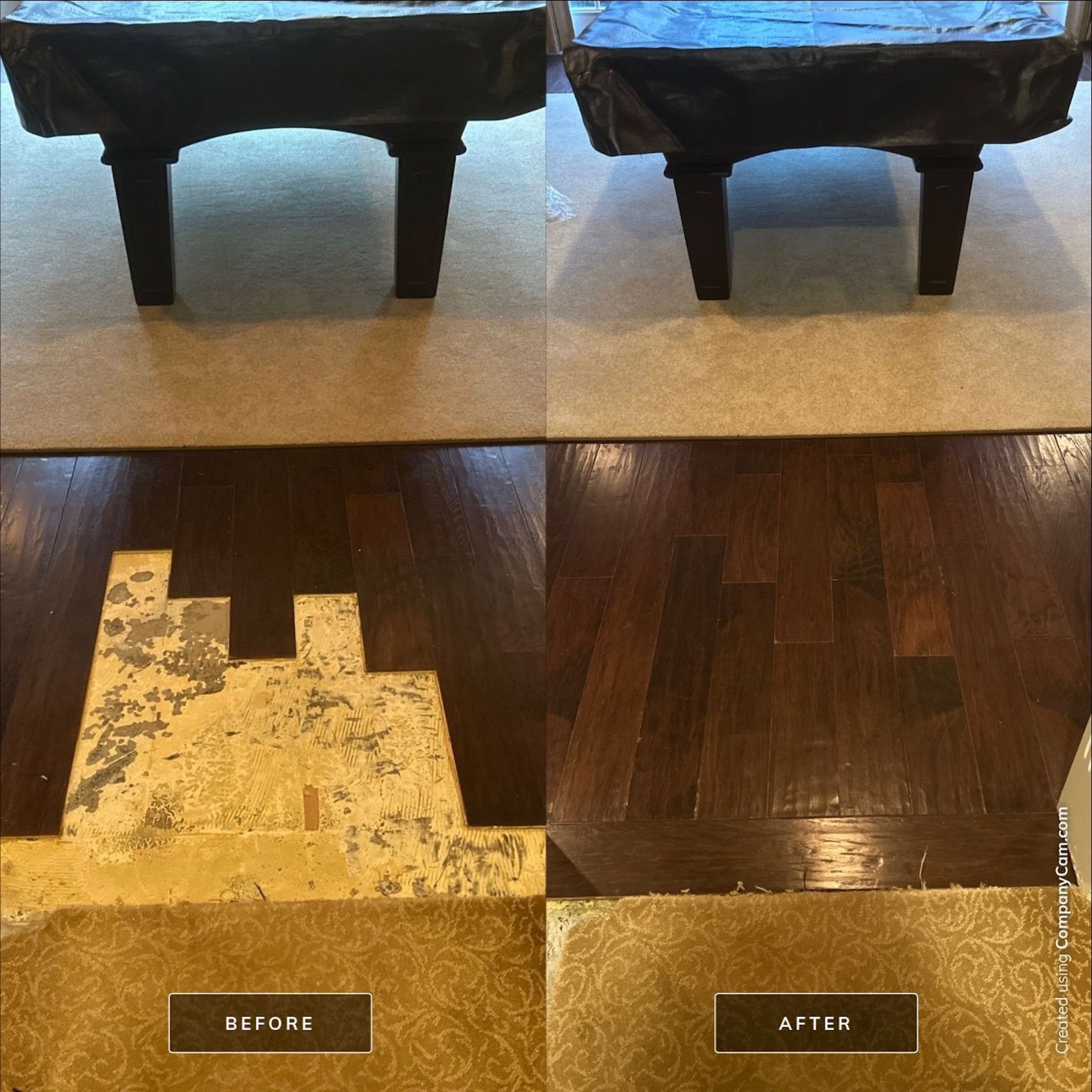 Before and after image of hardwood floor damage repair. Dark stained floor restored.