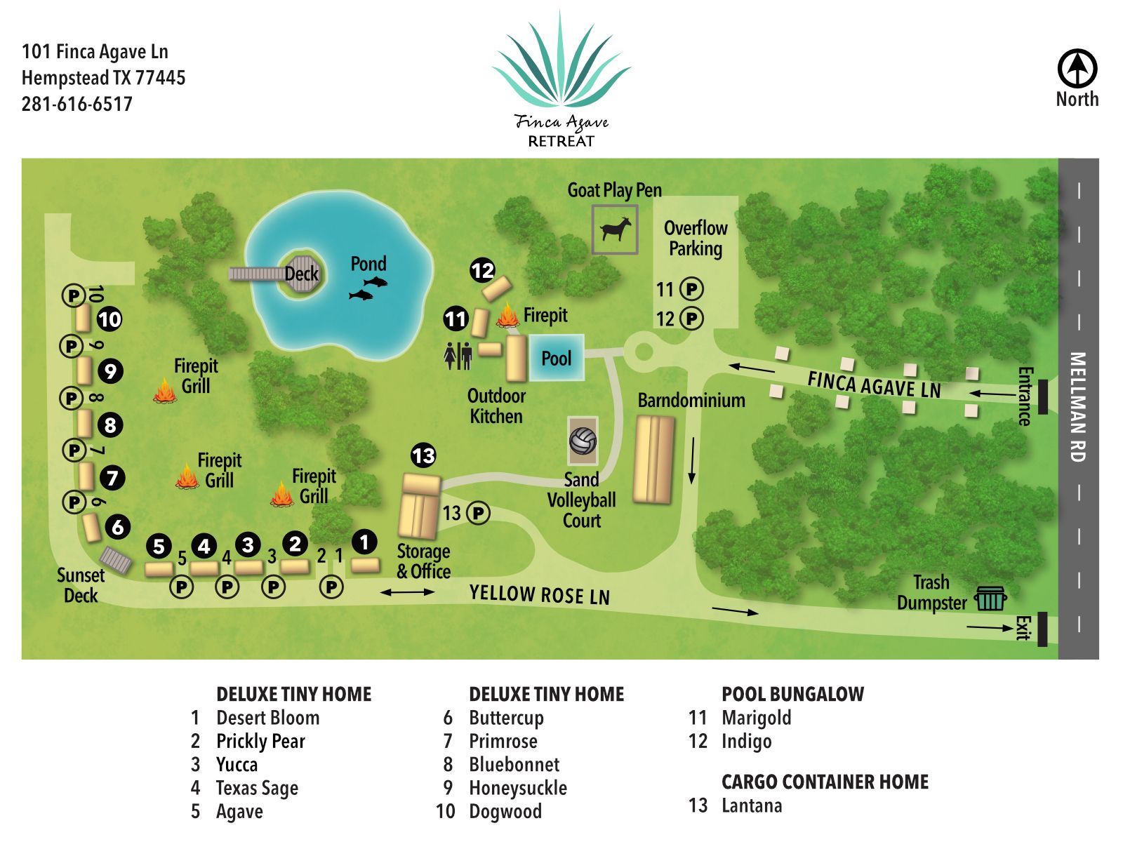 Map of a resort, featuring various amenities like a pool, pond, cabins, and sports facilities, located in Kempner, TX.