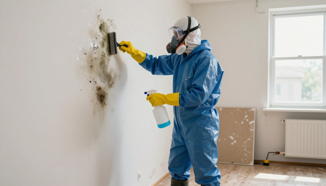 Worker in blue protective suit scrubbing mold from a wall with a spray bottle nearby.