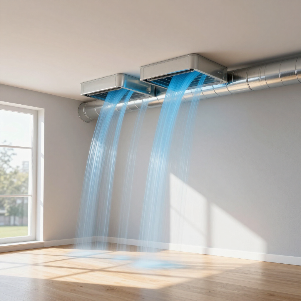 Ceiling HVAC vents releasing blue airflow into an empty sunlit room