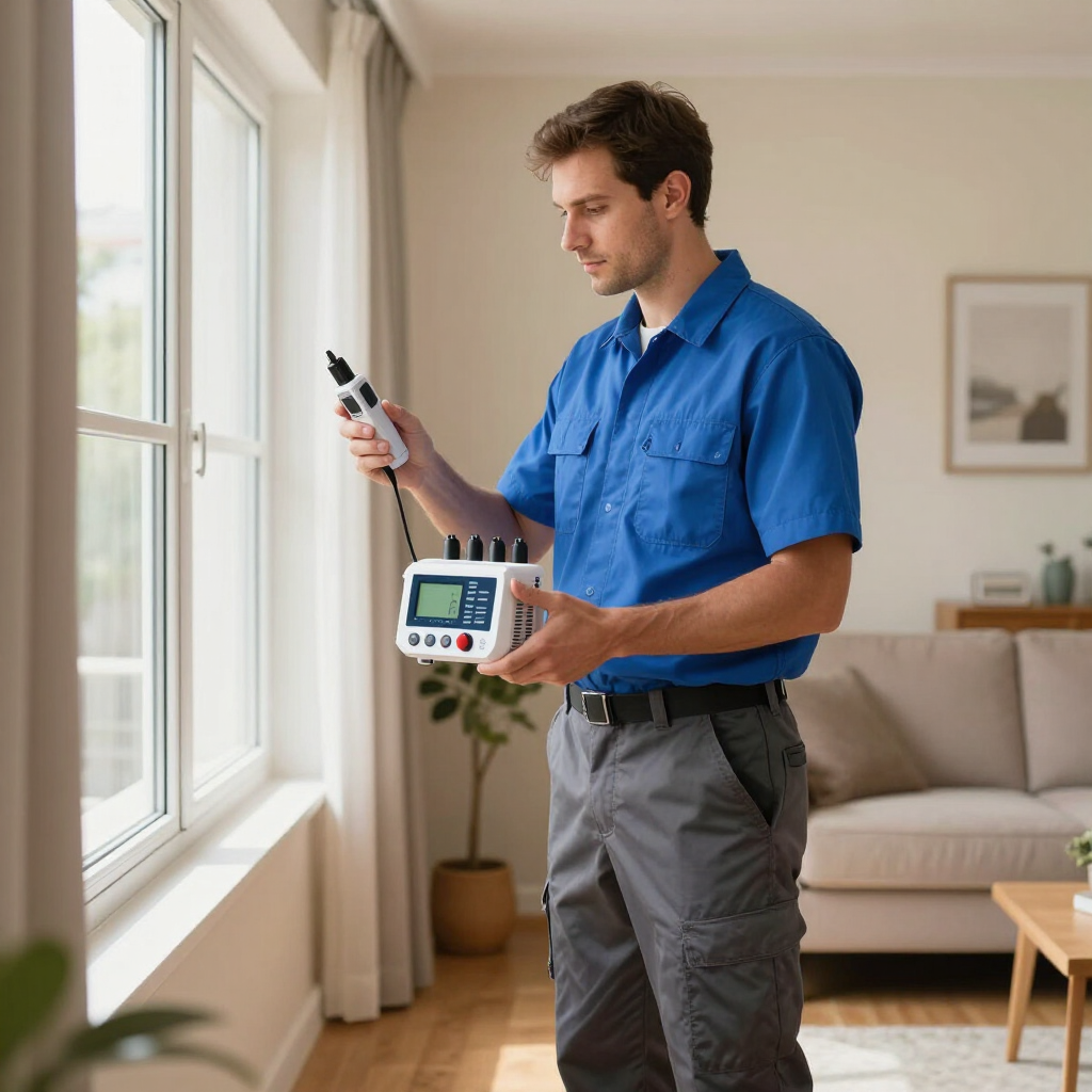 Technician using a handheld tester by a bright window in a living room