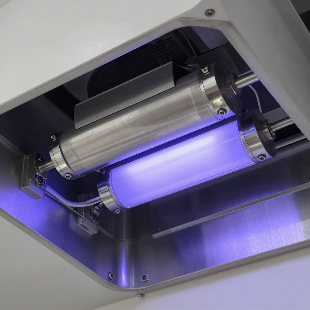 Metallic UV light fixture glowing purple inside a recessed ceiling panel