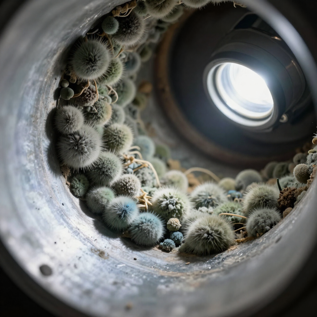 Moldy, fuzzy growth inside a metal pipe, lit by daylight from one end