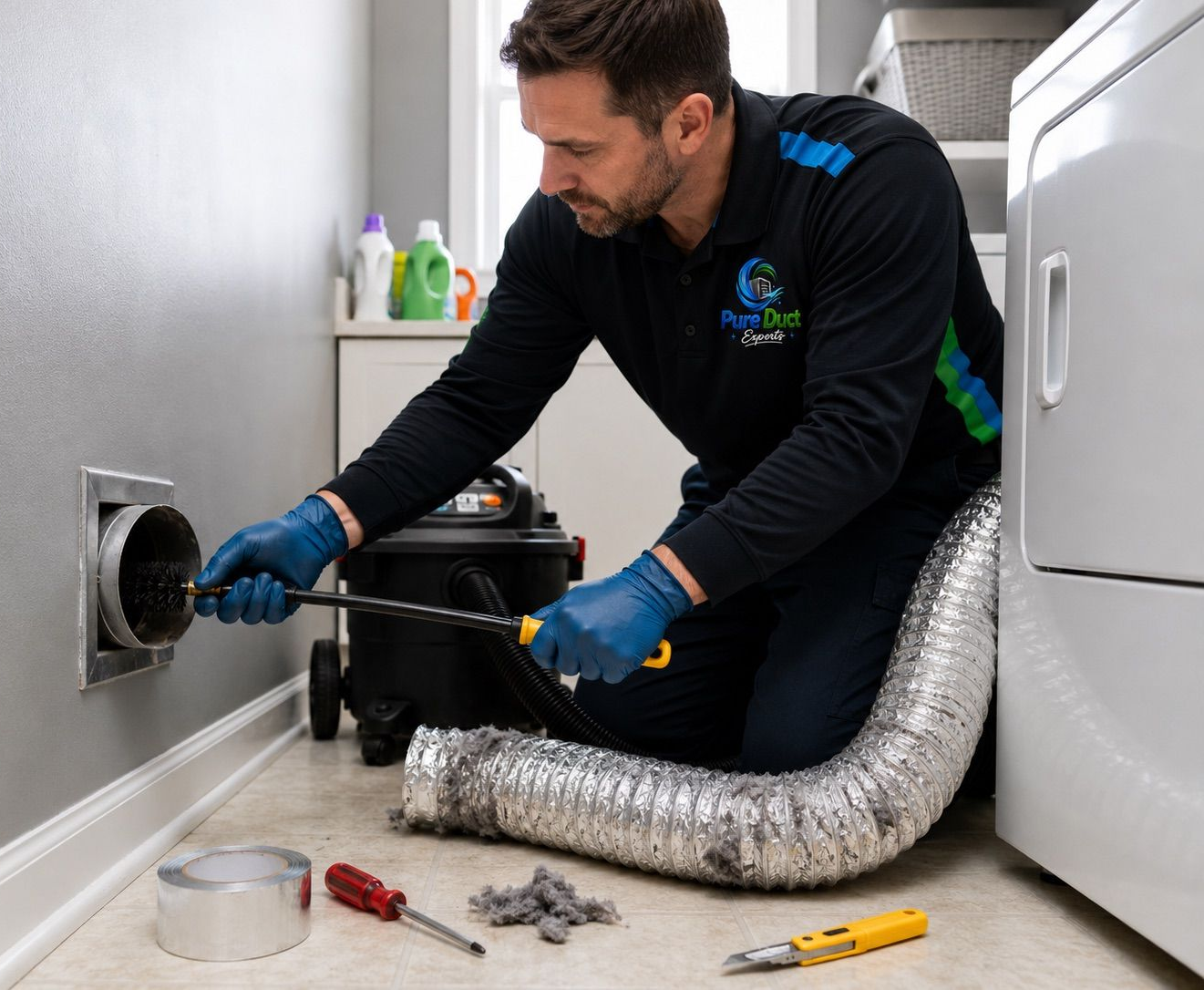 Technician repairing a front-loading washing machine in a laundry room