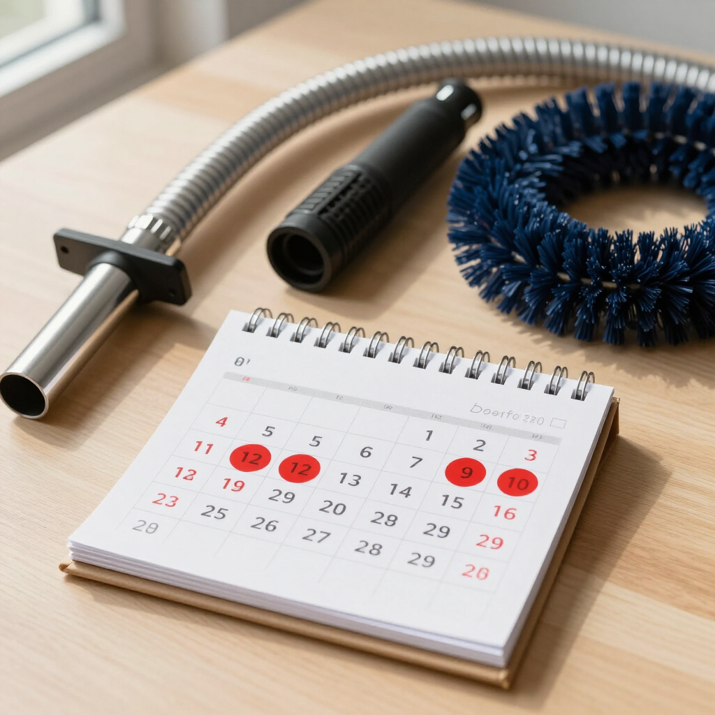 Vacuum cleaner attachments beside a desk calendar marked with red circles on a wooden table