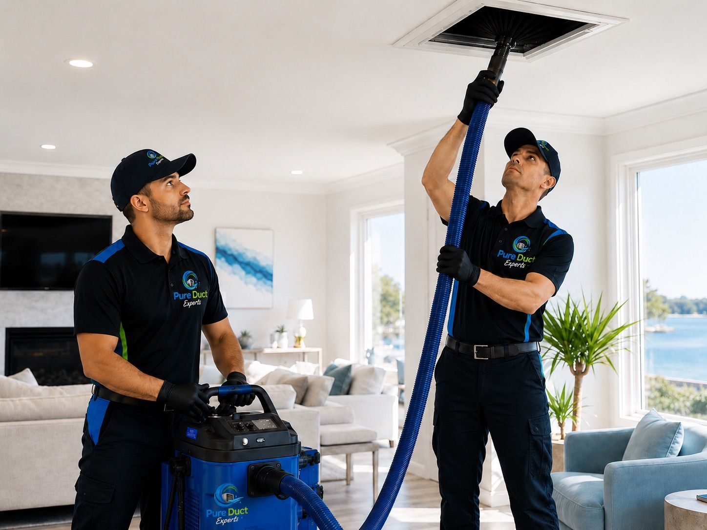 Two technicians cleaning a ceiling vent in a bright living room, one using a vacuum hose.
