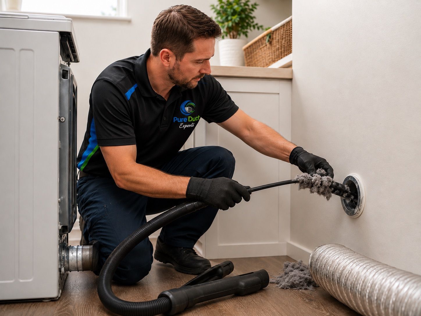 Technician cleaning a dryer vent hose in a laundry room with a vacuum tool