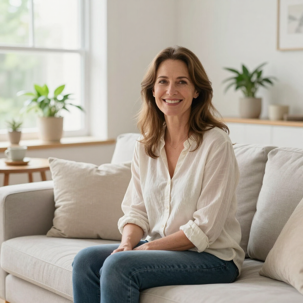 Woman smiling on a white sofa in a bright living room with potted plants by the window