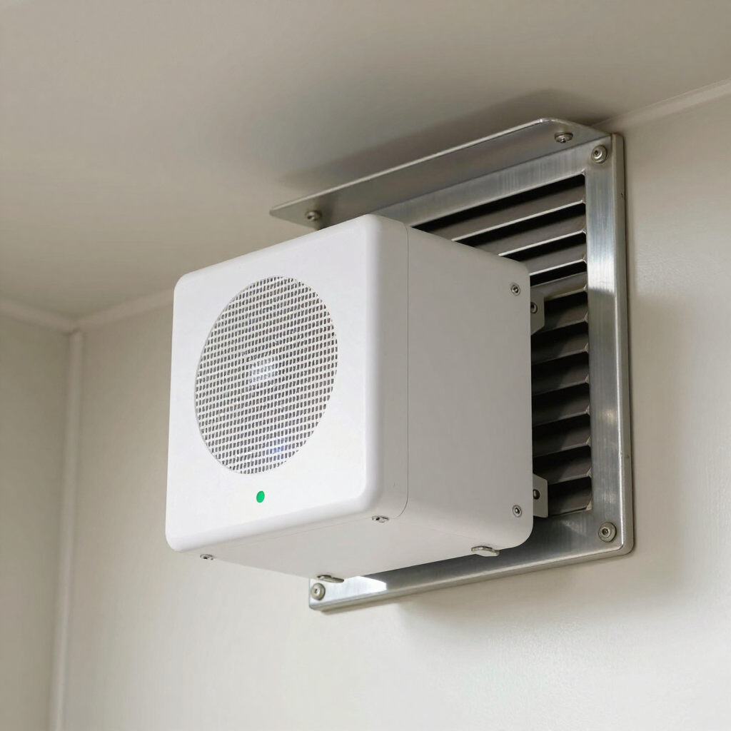 White wall-mounted speaker or vent unit with a green light on a metal vent grille indoors