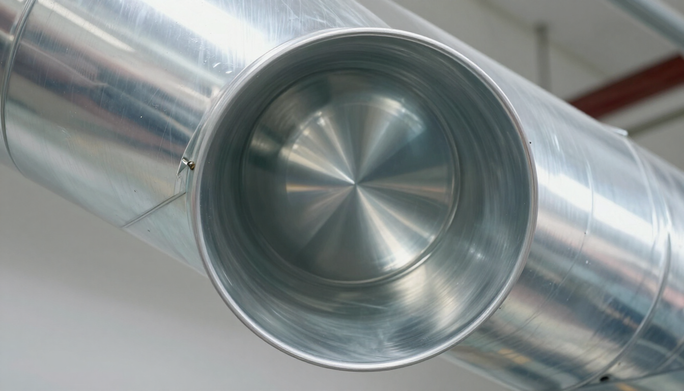 Metal ductwork with a circular opening and reflective silver surface
