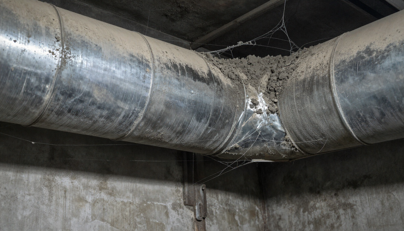Damaged metal ventilation pipes with a torn seam in an industrial concrete ceiling