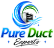 Pure Duct Experts logo with blue and green swooshes around an air duct vent