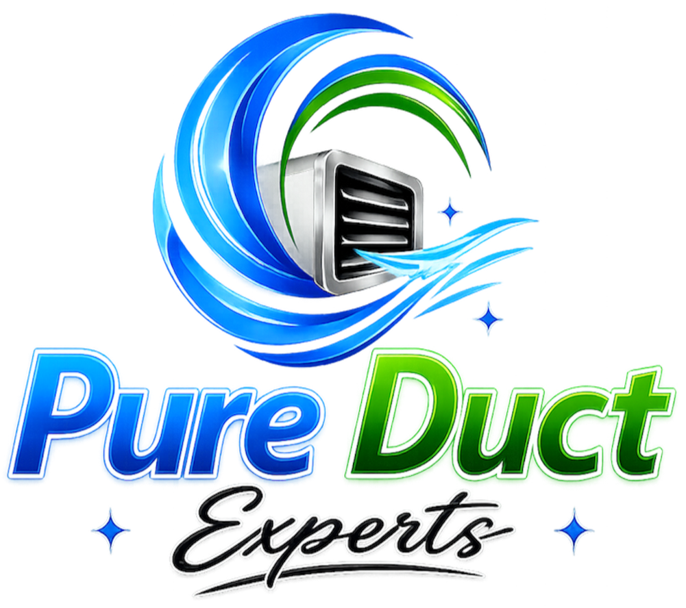 Pure Duct Experts logo with blue and green swoosh around a vent icon
