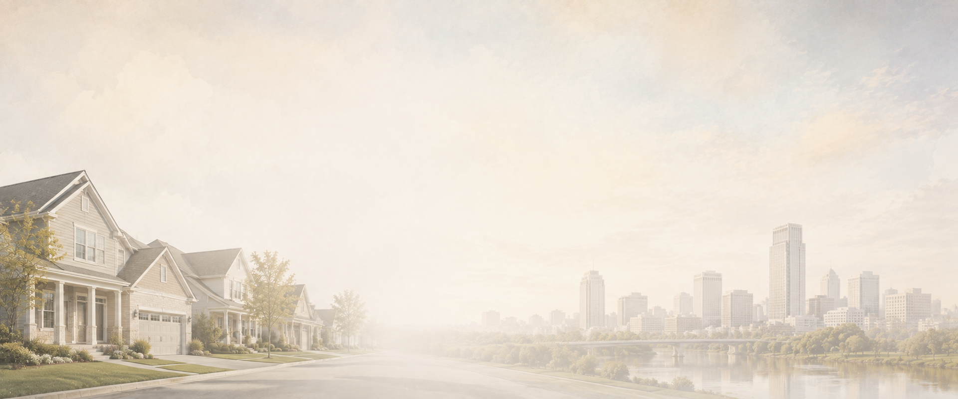 Suburban houses on the left fading into a hazy city skyline in the distance